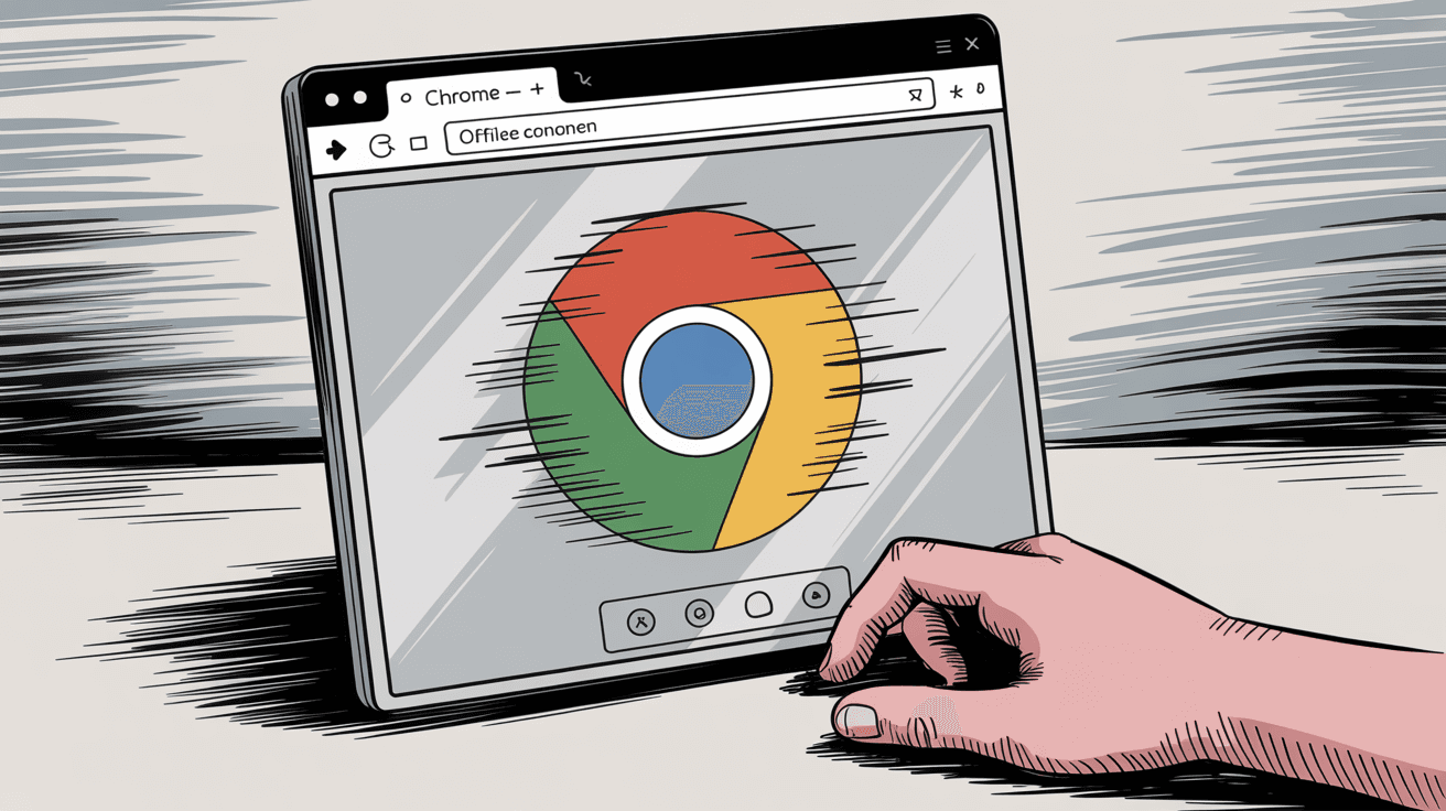 Chrome browser showing offline mode with glitching Chrome logo illustration